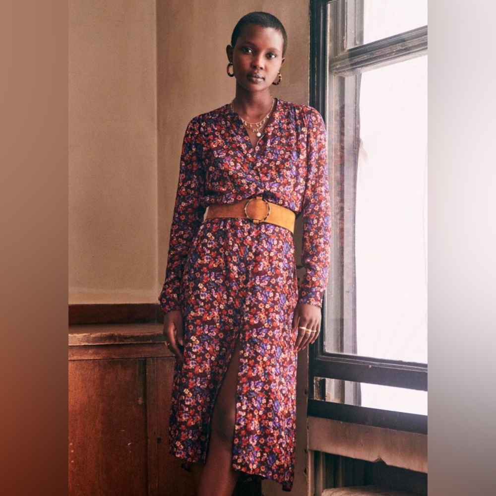 Sezane Floral Long Sleeve Dress - Red and Blue